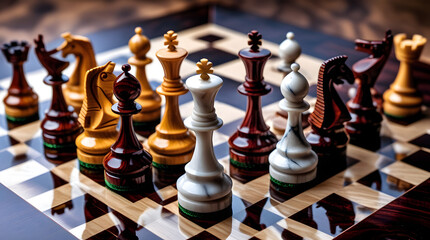 Close-up of intricately designed chess pieces in polished wood and marble, highlighting king and queen at the center, golden crown, regal presence, strategic positioning, checkered board, depth and re