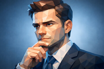Contemplative Entrepreneur: A stylized, low-poly depiction of a sharp-dressed individual lost in thoughtful contemplation, his gaze fixed, as he ponders business strategies and creative solutions. 