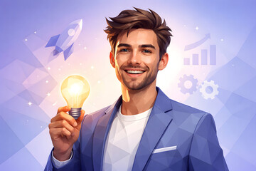 Bright Idea: A Man in a Suit with an Illuminated Lightbulb, Represents Ingenuity and Innovation.