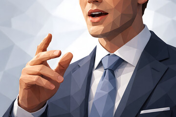 Engaging Oratory: A polished individual, dressed in a sharp suit and tie, delivers a captivating speech, their hand gesturing with precision to emphasize their message and express leadership.
