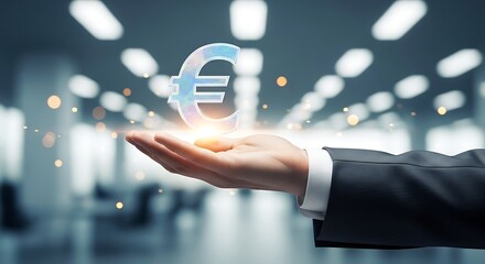 A hand presenting a glowing euro symbol against a blurred modern office setting symbolizing financial growth