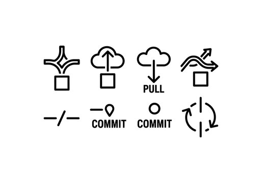 Vector Minimalist black line icons for software development version control - merge, push, pull, commit, branch, diff, rebase.