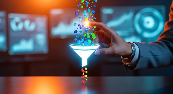 A business professional manipulates a digital funnel with colorful data points visualizing data analysis and information flow - Powered by Adobe
