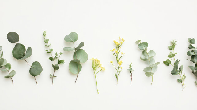 Eucalyptus leaf green leaf small flower botanical flatlay plant stem minimal arrangement natural texture studio background isolated foliage organic composition