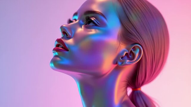 digitally created image of woman with vibrant, multi-colored makeup and an abstract look. bright colors and artistic style. close-up of woman with colorful abstract makeup.