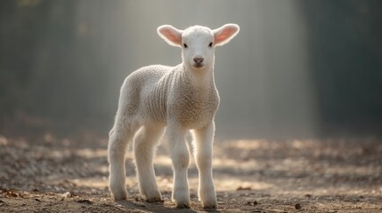 Fototapeta premium Soft White Lamb Standing in Natural Light, Symbolizing Innocence and Purity in a Serene Outdoor Setting