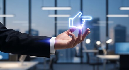 A hand interacting with a glowing blue thumbs up icon representing approval and digital connectivity