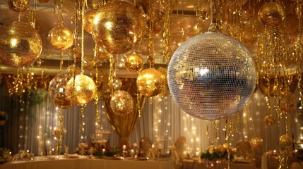 A festive interior view featuring sparkling gold orbs and a reflective disco ball suspended from a ceiling, creating a glamorous ambiance