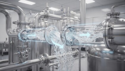 Medium view of sanitized water circulating through a cleaninplace system sterilizing tanks and pipelines highlighting hygienic processes in industrial food or pharmaceutical