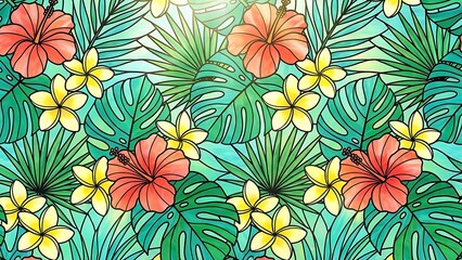 Vibrant tropical floral pattern with hibiscus and plumeria flowers
