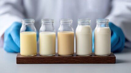 Testing Various Alternative Milk Varieties in Clean Environment with Scientist Wearing Gloves in Laboratory Setting