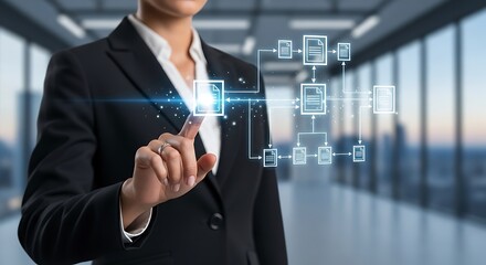 A businesswoman interacts with a futuristic digital network interface projected from her hand in a modern office setting