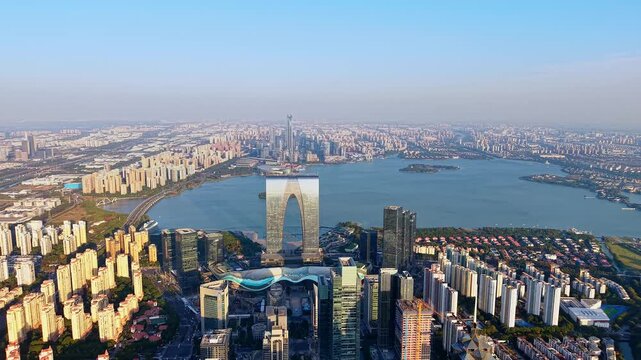 The stunning skyline view of Jinji Lake in Suzhou, Jiangsu Province, China, known as the "Gate of the East"