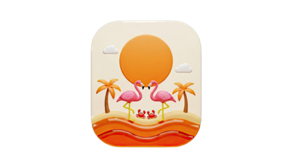Two Flamingos and Crabs on a Tropical Island with Palm Trees