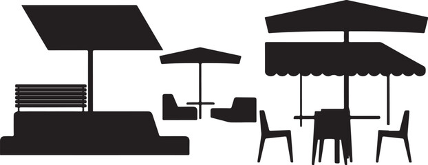 Outdoor furniture and umbrellas in black silhouette on white background