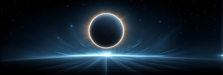 Celestial Event The image showcases a captivating celestial event, where a dark orb is encircled by a radiant halo, against a backdrop of the cosmos