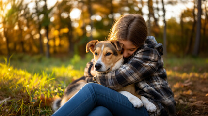 Dog and owner spending time together outdoors, strong bond and companionship between human and pet, warm natural light, everyday lifestyle scene, realistic commercial stock photogr