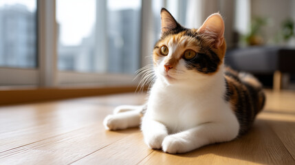 Calico cat relaxing indoors in bright apartment, tricolor domestic cat in cozy home environment, soft natural daylight, clean minimal interior, calm everyday pet lifestyle, realist