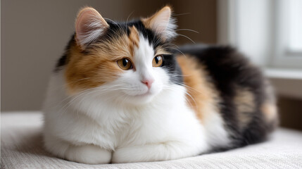 Tricolor calico cat sitting indoors on neutral background, peaceful domestic animal scene, minimal clean composition, soft lighting, realistic stock photography, space for design,