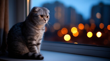Scottish Fold cat sitting on windowsill at night, city lights glowing outside window, soft bokeh urban lights, calm indoor atmosphere, minimal clean interior, neutral mood, realist