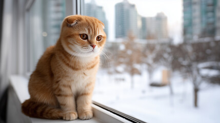 Scottish Fold cat sitting by window with snowy winter city outside, soft cold daylight, cozy indoor pet scene, winter atmosphere behind glass, clean modern apartment interior, real