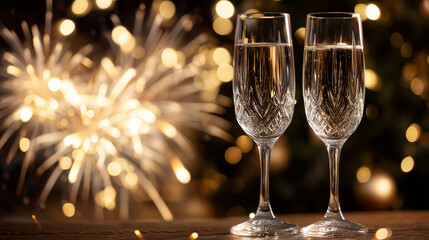 Festive New Year Eve concept with two crystal champagne glasses raised in a toast, bright golden fireworks and sparkling lights in the background, night celebration mood, elegant h