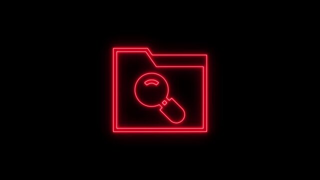 Neon Red Folder with Magnifying Glass on Black Background for Search Concept