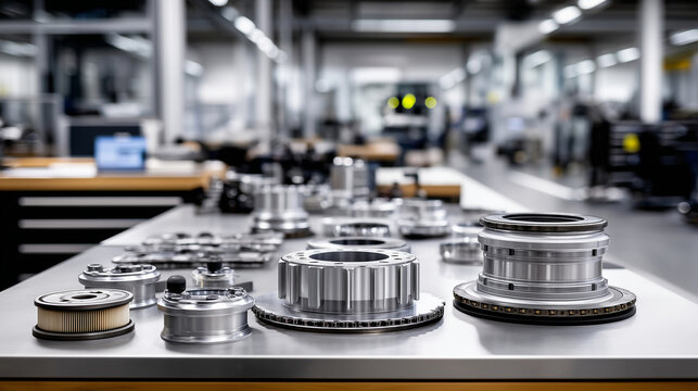 Stainless steel ball bearings arranged on light background, machine part detail, engineering industry, industrial manufacturing, automotive component, metal hardware, precision technology, copy space.