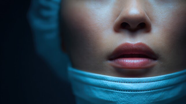 World Cancer Day Extreme close up of a female medical professional's nose and lips with a pulled down surgical mask