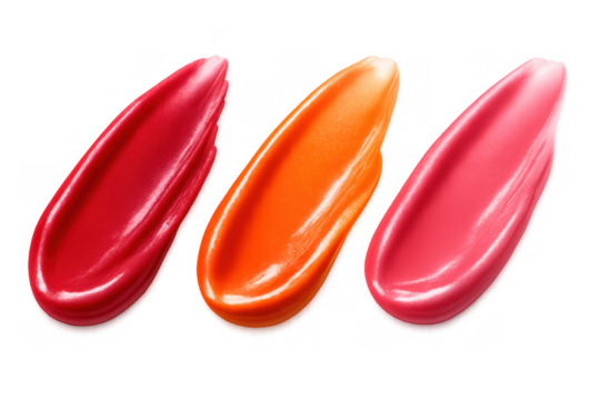 Vibrant lipstick swatches displaying glossy red, orange, and pink shades on a transparent background, depicting cosmetic beauty - Powered by Adobe