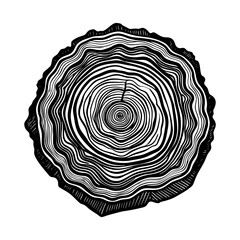 Fototapeta premium Tree Trunk Cross Section with Cracks Black and White Illustration.