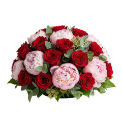 Luxurious symmetrical arrangement of deep red roses and soft pink peonies with green eucalyptus foliage for romantic celebrations isolated on transparent background