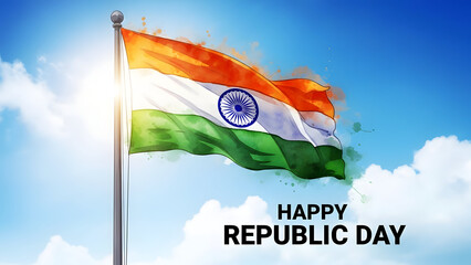 Indian flag waving on republic day with blue sky and clouds