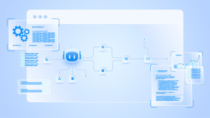 AI workflow automation artificial intelligence. ai agent workflow diagram dashboard machine learning showing node input, processing step, ai model and process flow.
