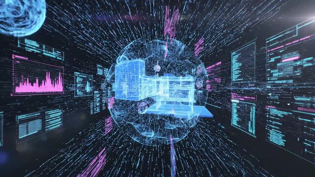 Futuristic digital space with spheres and data displays