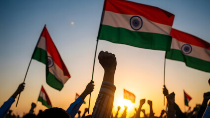 Indian flags waving at sunset during independence day celebration