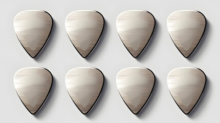 Set of identical guitar picks isolated on clean white background vector illustration with precise lines minimal shading smooth rounded edges subtle sheen and realistic texture arranged in a balanced c
