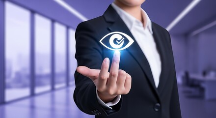 A businesswoman interacts with a glowing digital eye icon displaying a checkmark symbolizing security and verification