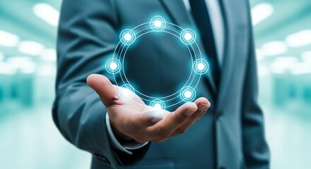 A businessman s hand displays a glowing circular network of connected nodes representing future technology and innovation