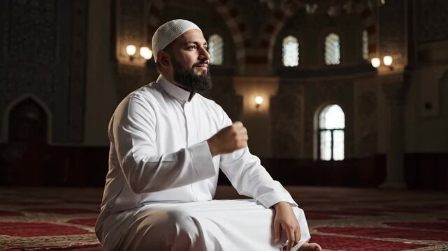 A Devout Muslim Man in Quiet Contemplation and Prayer Inside a Grand, Serene Mosque