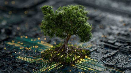 A vibrant green tree flourishes atop a detailed circuit board, representing the intersection of nature and technology. Glowing elements and intricate details