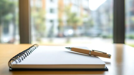 Partial Office Desk with Notebook and Pen, Large Empty Copy Space, Minimal Neutral Work Environment, Realistic Corporate Interior, No People