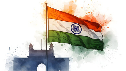 Indian flag waving in front of historic architecture