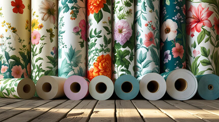 Vibrant floral and botanical wallpaper rolls arranged on rustic wooden floor with blooming flowers lush greenery elegant patterns soft light and rich textures creating a sophisticated decorative inter