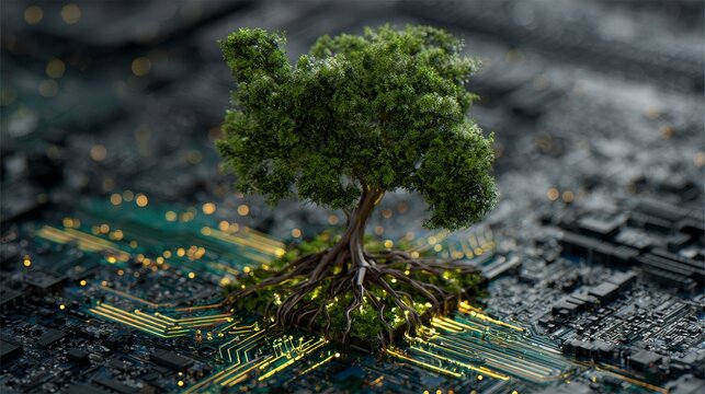 A vibrant green tree flourishes atop a detailed circuit board, representing the intersection of nature and technology. Glowing elements and intricate details - Powered by Adobe