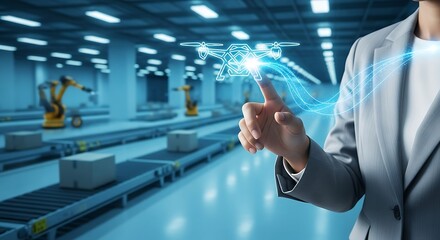 A business professional interacts with a holographic drone display within a modern automated factory setting showcasing future technology