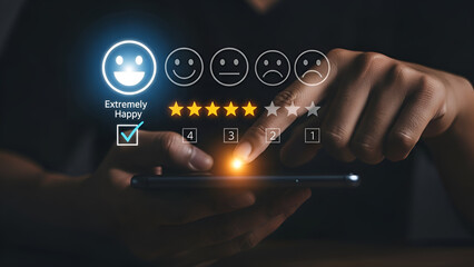 Customer using a mobile device to select an extremely happy rating icon reflecting high satisfaction with service quality