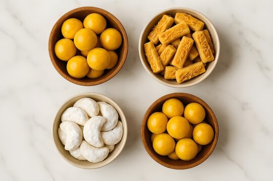 Assorted Eid Al-Fitr Cookies Set including Nastar, Kastengel, and Putri Salju in Bowls Top View
