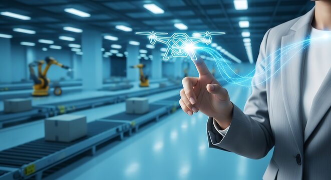 A business professional interacts with a holographic drone display within a modern automated factory setting showcasing future technology - Powered by Adobe