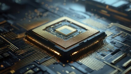 Close-up of a futuristic computer processor chip on a circuit board with glowing lights.